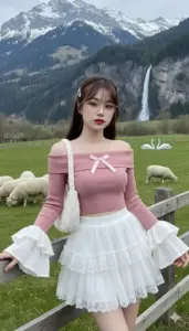 Trước núi tuyết, girl xinh mặc áo len hồng cùng chân váy trắng đứng cạnh đàn cừu