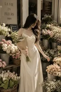 Trong tiệm hoa cô gái mặc đầm lụa màu kem cầm bó hoa với dáng đứng mềm