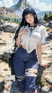 Hinata trưởng thành đứng bên bờ biển, bikini tím nhạt làm nổi bật đôi mắt trắng trong đặc trưng