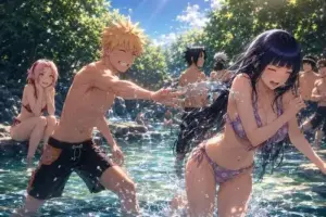 Cô gái anime tóc xanh đen ngồi cạnh ly nước mát, nụ cười nhỏ rất mềm