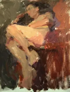 Dáng nằm nghiêng mờ ảo trong tranh nude nghệ thuật, gam nâu cam gợi ánh đèn dịu