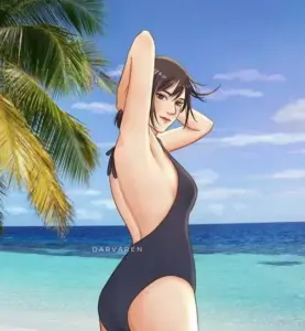 Hoàng hôn phía sau mỹ nhân Survey Corps khiến bộ bikini đen thêm nổi bật và gợi cảm