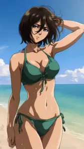 Dáng đứng thẳng của Mikasa trong bikini xanh tạo cảm giác tự tin, khỏe khoắn và đầy lực