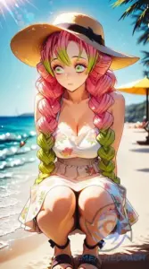 Cô nàng anime bước trên cát mịn, ánh mắt xanh nhìn nghiêng đầy vẻ dễ thương