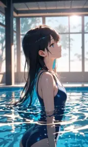 Khung cửa sáng gái đẹp anime tóc đen ngâm mình trong hồ bơi, áo xanh giản dị