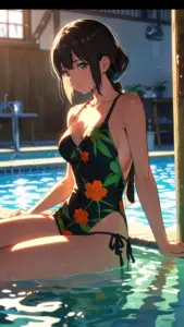 Boong tàu trắng có gái xinh anime mặc bikini đỏ, tóc buộc cao và nụ cười sáng