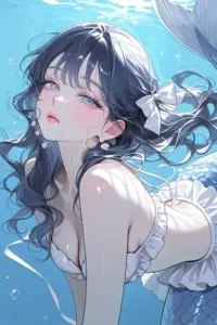 Nước xanh phủ quanh mỹ nhân anime tóc đen nhắm mắt mơ màng với áo bơi trắng