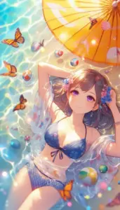 Chiếc ô vàng che cô nàng anime tóc nâu tạo dáng vui tươi với bikini xanh cam