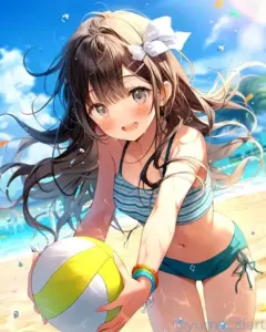 Quả bóng chuyền sát tay cô tóc nâu mặc bikini xanh, nụ cười rạng rỡ bên biển