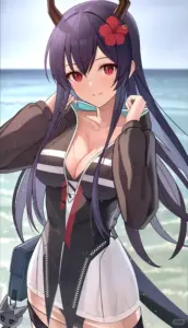 Nền biển xanh nhân vật nữ anime tóc đen mặc áo khoác hờ, bikini trắng nổi bật