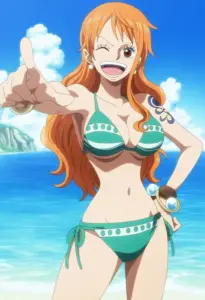 Phong cách gái đẹp anime của Nami nổi bật qua bikini đỏ, vòng tay và tóc cam rực