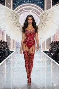 Nàng thiên thần nội y tạo dáng giữa runway trắng, bộ bodysuit đỏ nổi bật cùng cánh lớn