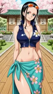 Nico Robin đứng bên bờ biển trong bikini đen, mái tóc dài bay nhẹ dưới nắng chiều
