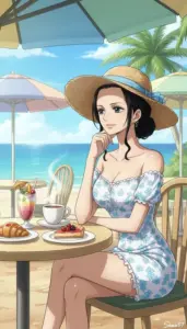 Bóng dáng mỹ nhân anime tóc đen ngồi trên ghế tắm nắng, bikini đỏ nổi bật giữa nền biển