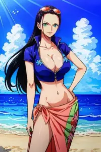Khung hình cận mặt Robin dưới nắng biển, đôi mắt sắc sảo làm bộ bikini trắng thêm hút