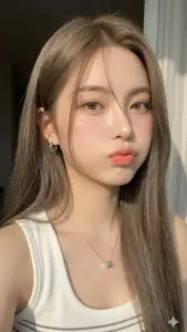Selfie cận mặt khoe tóc nâu sáng, áo trắng cùng biểu cảm chu môi đáng yêu