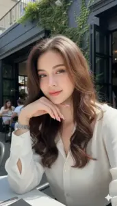 Trong góc quán phố, nàng tóc xoăn mặc sơ mi trắng chống cằm nhìn nhẹ nhàng