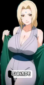 Tsunade ngồi vắt chân trên ghế mây, tay chỉnh kính râm với biểu cảm đầy tự tin