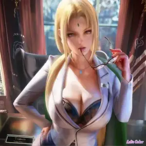 Bikini đỏ rượu giúp Tsunade trông nổi bật giữa nền biển xanh và bầu trời trong veo