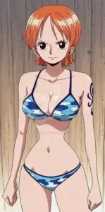 Nami tựa lưng vào lan can tàu, bikini sọc cùng ánh mắt tinh nghịch khiến fan khó rời mắt