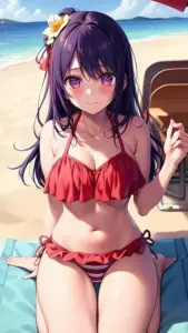 Sakura trưởng thành đứng bên bờ biển, bikini đỏ nổi bật cùng mái tóc hồng bay nhẹ trong nắng
