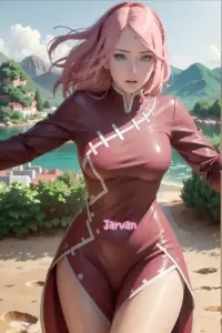 Mỹ nhân anime tóc hồng ngồi trên mép hồ, đôi chân chạm nước và ánh nhìn đầy thư thái