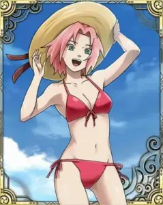 Haruno Sakura ngồi trên ghế dài cạnh hồ bơi, ánh mắt xanh nhìn thẳng đầy tự tin