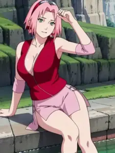 Cô gái anime tóc hồng tựa lưng bên lan can, áo khoác mỏng phủ ngoài bikini xanh biển