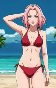 Haruno Sakura mặc bikini hồng phấn, tay vén tóc khi gió biển thổi qua vai