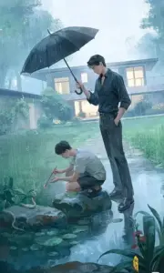 Cảnh mưa dịu có chàng trai cầm ô đen nhìn người ngồi bên suối xanh lạnh
