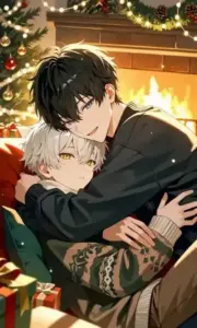 Bức sẽ gầy anime mùa lễ có chàng tóc đen ôm cậu tóc vàng giữa nến