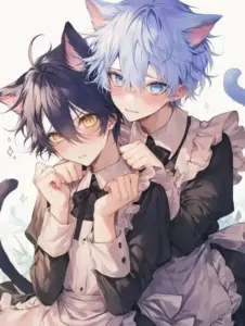 Hai bé mèo anime áp má nhau, tóc xanh tím bồng, tai mèo và nơ nhỏ xinh