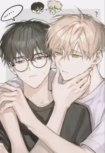 Nét gay anime dễ thương nằm ở hai chàng đeo kính ôm nhau, áo thun đen trắng