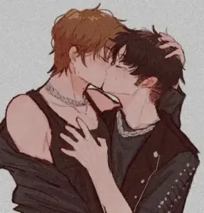 Khoảnh khắc boylove vẽ hai nhân vật hôn nhau, áo tối lệch vai và ánh nền đỏ