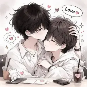 Bên bàn học trắng, chàng tóc đen hôn người thương, quanh họ có tim hồng