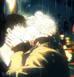 Tranh anime ánh đêm vẽ hai chàng trai hôn nhau, boylove nổi bật giữa hiệu ứng vàng