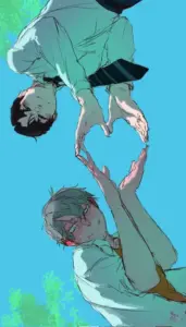 Tranh anime nền xanh có một chàng trai nâng người kia, tóc sáng và dáng bay mềm