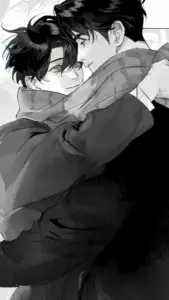 Manga đen trắng vẽ hai chàng trai ôm nhau sát mặt, tóc đen rối và áo khoác dày