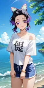 Chiếc kẹp bướm tím xanh nổi bật trên tóc khi cô nàng anime tạo dáng cạnh sóng biển