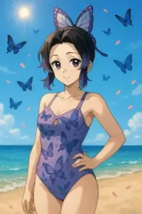 Kochou Shinobu đứng dưới ô trắng, da sáng và tóc tím đen nổi bật giữa nền biển xanh
