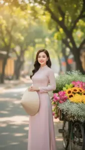Con đường hoa rực nắng làm áo dài hồng phấn của cô gái cười xinh thêm dịu