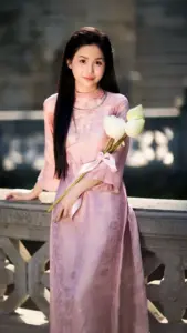 Cầu đá cổ phía sau cô gái áo dài hồng ngồi ôm hoa, nét mặt dịu dàng