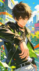 Cậu trai áo xanh ngồi giữa phố nắng, nam thần anime hiện lên với ánh mắt trầm và tóc rối