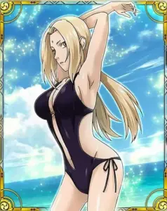 Tsunade ngồi bên mép hồ bơi trong bikini xanh, mái tóc vàng buông nhẹ qua vai rất cuốn