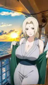 Bikini xanh ngọc giúp dấu ấn trên trán Tsunade hòa màu với khung cảnh biển phía sau