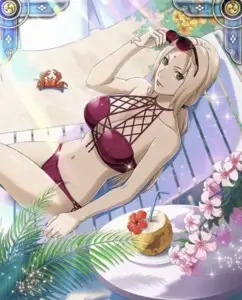 Nữ Hokage Đệ Ngũ đứng dưới nắng biển với bikini trắng, ánh mắt tự tin nhìn thẳng về phía trước