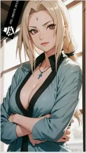 Tsunade mặc bikini đen bên hồ nước trong, dấu ấn Bách Hào nổi bật giữa vầng trán cao