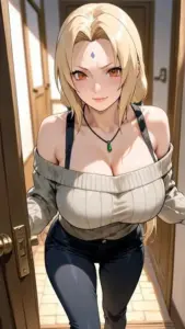 Ánh nắng chiều phủ lên làn da của Tsunade khi cô tựa tay vào lan can gỗ ven biển