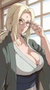 Tsunade đứng trước sóng biển, mái tóc dài chia hai lọn ôm mặt nhìn vừa sắc vừa quyến rũ