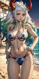 Yamato đứng trên bãi biển Wano trong bikini đỏ, tóc trắng xanh bay mạnh theo gió